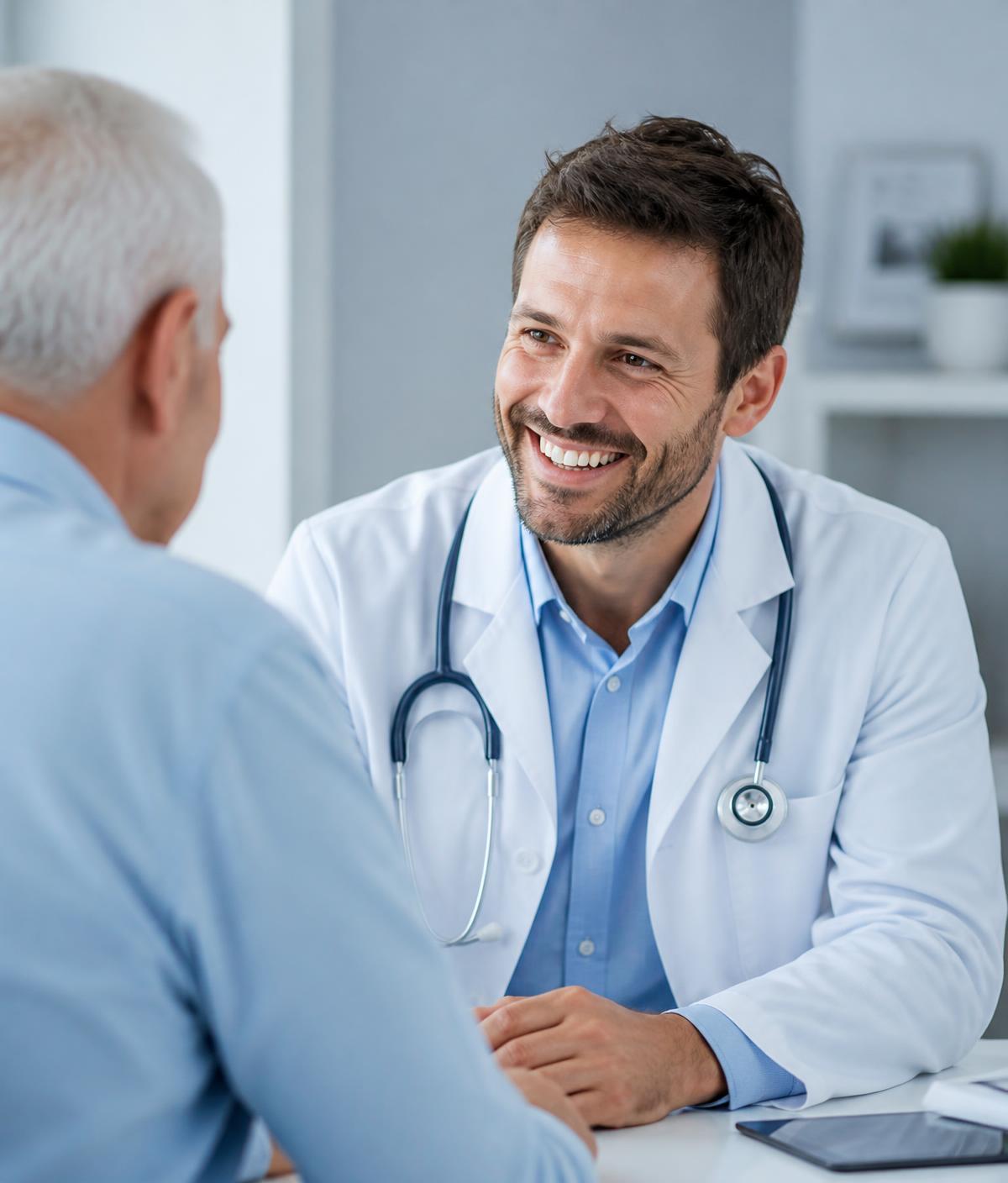 Médico sorrindo em contato visual com o paciente durante a consulta